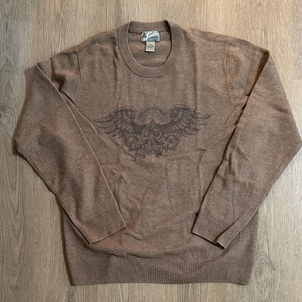 Lucky Brand Men's Brown Crewneck Sweater with Wing Graphic